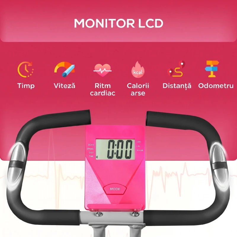 SPORTNOW Bicicletă Fitness Pliabil Magnetică a 8 Niveluri Con Afișaj Roz E Alb