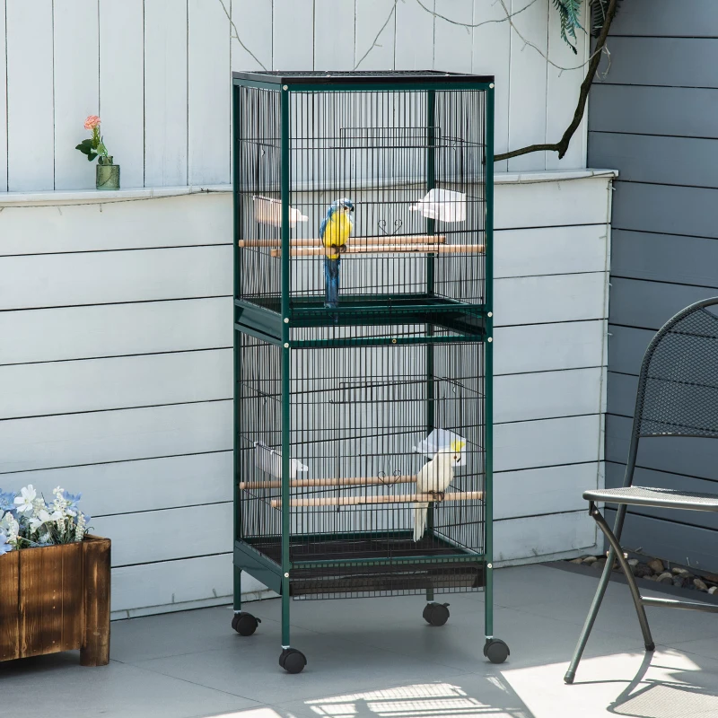 PawHut Gabbia Voliera per Uccelli per Interni con Ruote e Vassoi Estraibili, 51.5x50x140 cm, Verde Scuro