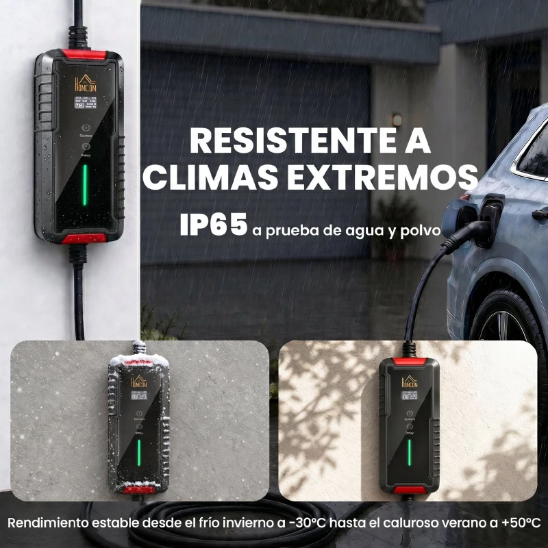 HOMCOM Cable de Carga Coche Eléctrico Tipo 2 3,7kW 5m 6-16A Temporizador 1-12h Enchufe Schuko Pantalla LCD IP65 de Pared Bolsa