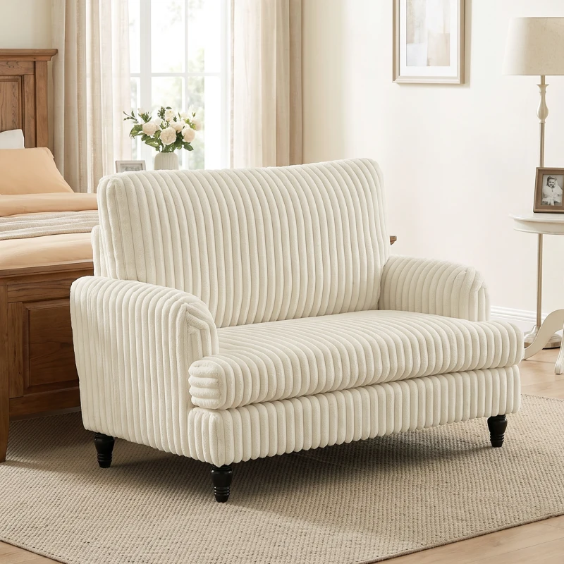HOMCOM Corduroy Single Sofa Armchair, Modern Accent Chair with Stripes, Turned Legs and Wide Seat, Cream