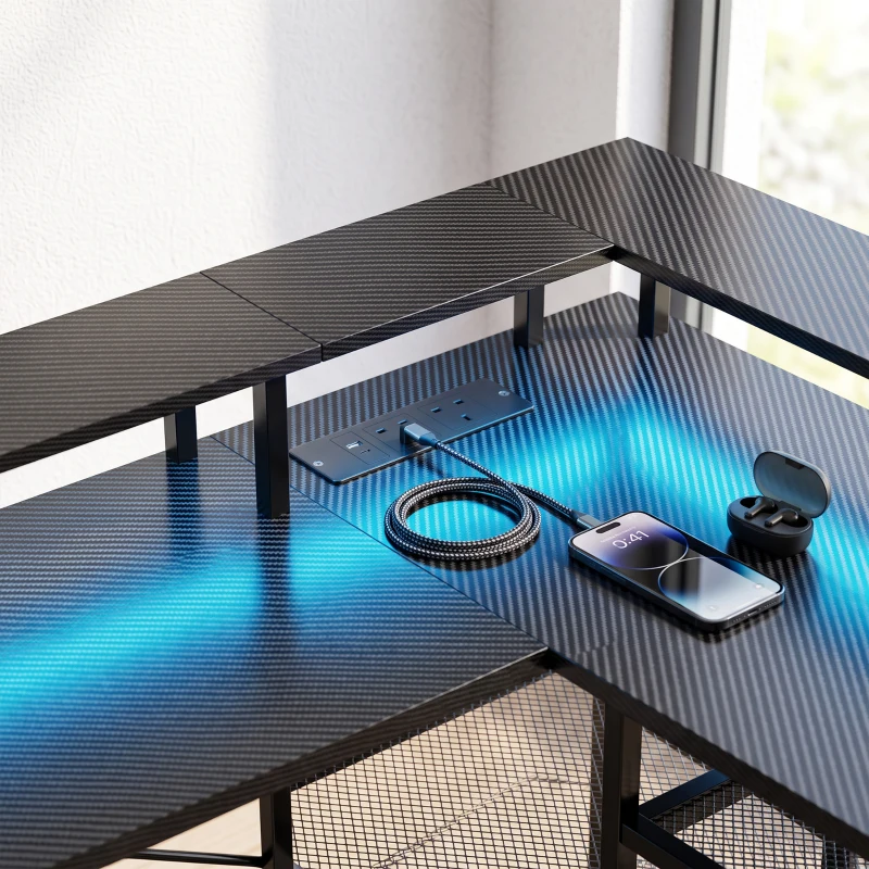 HOMCOM L Shaped Gaming Desk with LED Lights and Power Outlets, 150cm Corner Computer Desk for Small Space, Black