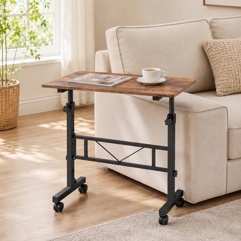 HOMCOM Overbed Table Adjustable Height Sofa Side Table with Wheels 80 x 40 cm Rustic Brown Black