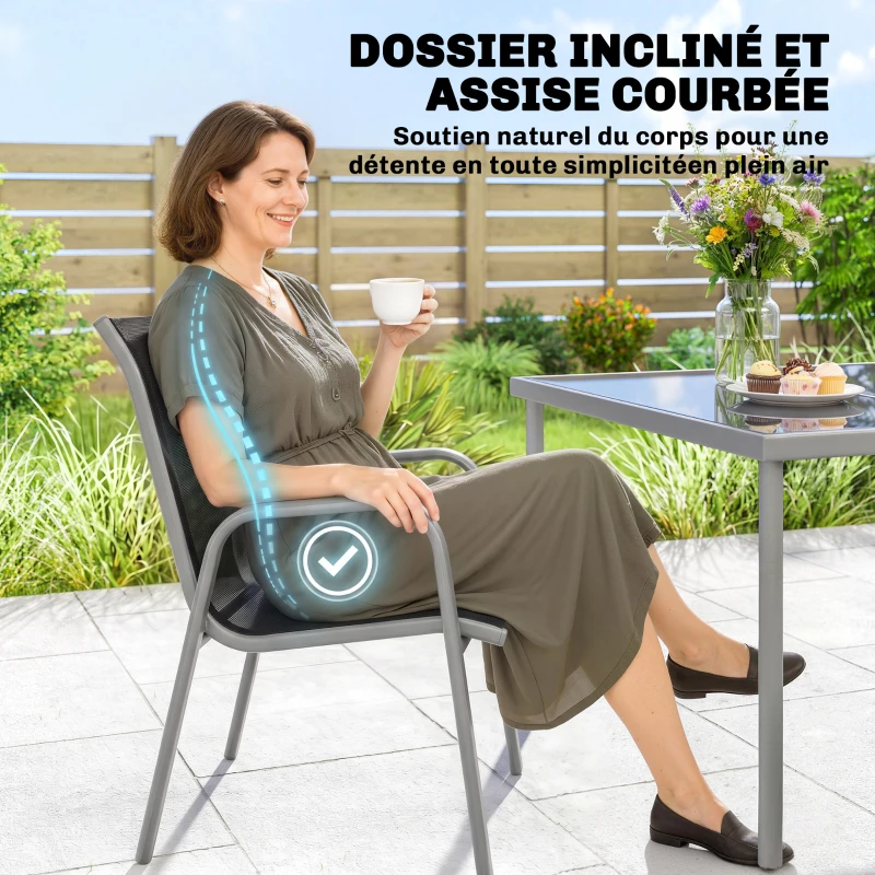 Outsunny Salon de Jardin 6 Personnes Ensemble Table et Chaises Jardin avec Chaises Empilables en Textilène 70x51x87cm Argent