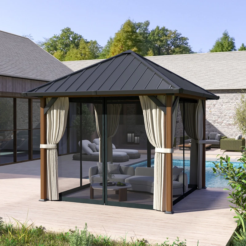 Outsunny 3 x 3(m) Hardtop Gazebo with Galvanised Steel Roof and Water Gutter, Waterproof Permanent Pavilion Garden Gazebo with Netting and Curtains for Patio, Deck, Walnut Wood Finish