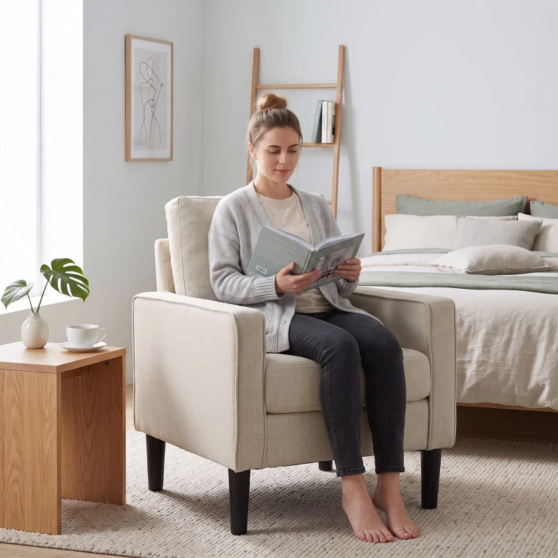 HOMCOM Accent Chair, Removable Pillow Linen Armchair with Comfy Spring Cushion for Living Room, Bedroom, Study, Cream