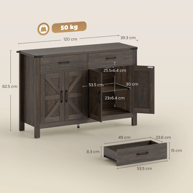 HOMCOM Kitchen Cupboard, Sideboard with 4 Doors, 2 Drawers and 2 Adjustable Shelves for Dining Room, Dark Brown