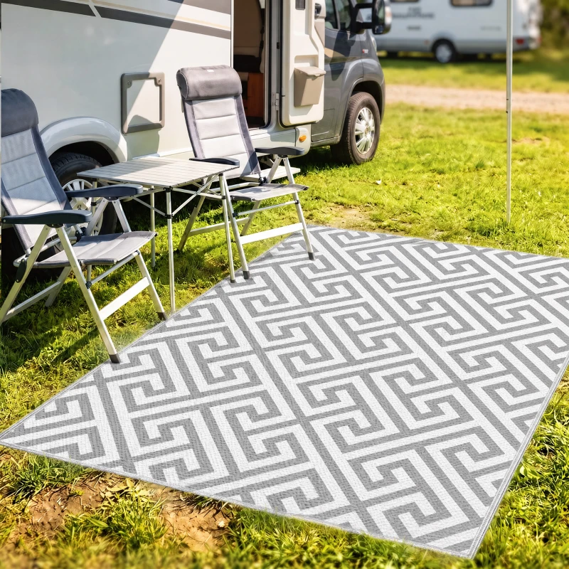 Outsunny Outdoor Rug Reversible Mat Plastic Straw Rug Portable RV Camping Mat for Garden Deck Picnic Indoor, 152 x 243 cm (5 x 8 ft), Light Grey & White