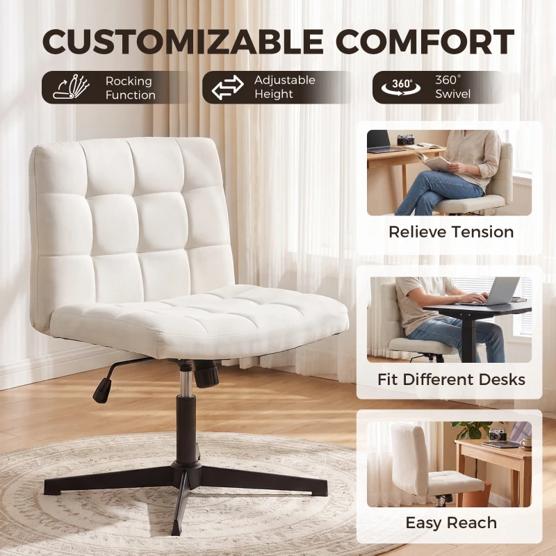 HOMCOM Armless Office Chair, Cross Legged Linen Computer Desk Vanity Chair with Wide Seat, Rocking Function, Beige