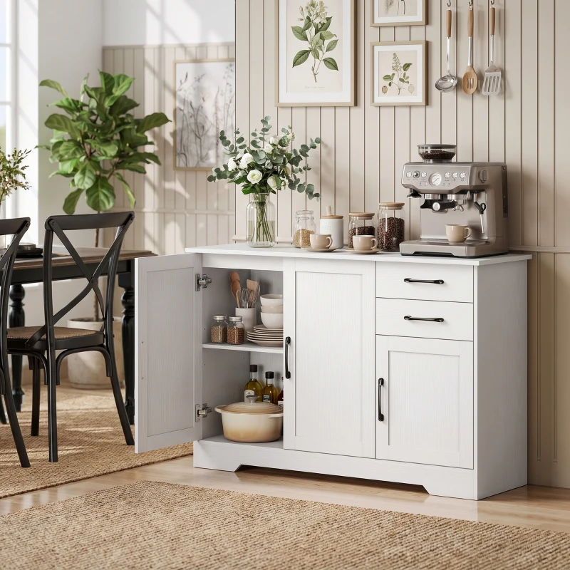 HOMCOM Sideboard mit 2 Schubladen, modernem Aufbewahrungsschrank, verstellbarem Einlegeboden und 3 Türen, Weiß