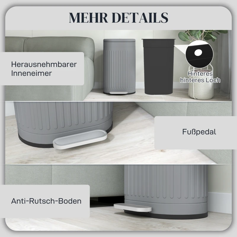 HOMCOM Mülleimer 30L Treteimer mit Deckel Fußpedal herausnehmbarem Inneneimer Soft-Close-Funktion 36,5 x 31,2 x 60,8 cm, Grau