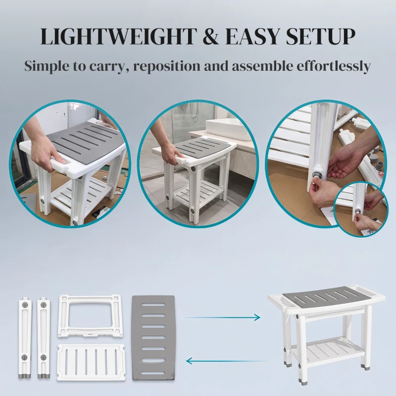 HOMCOM Shower Bench 2-Tier Shower Stool Bathroom with Shelf White and Grey