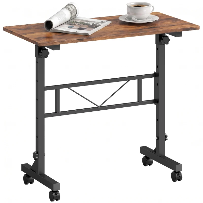 HOMCOM Overbed Table Adjustable Height Sofa Side Table with Wheels 80 x 40 cm Rustic Brown Black