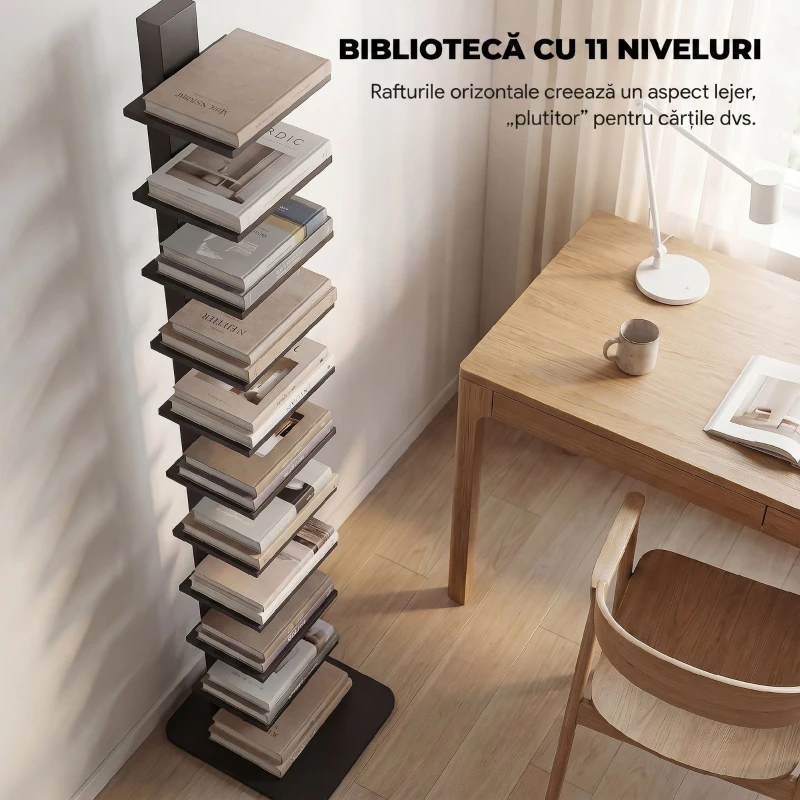 HOMCOM Bibliotecă Modernă Înaltă cu 11 Rafturi Economisitoare de Spațiu în Stil Industrial, 34.5x41.5x163.5 cm, Negru