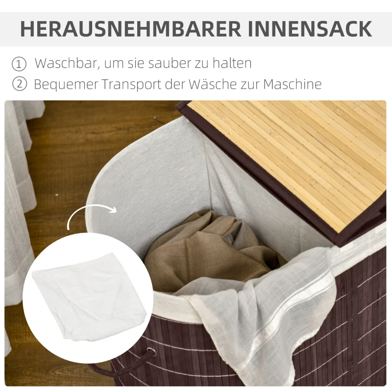 HOMCOM Wäschekorb Wäschesammler, 100L Fassungsvermögen, abnehmbarer Deckel, 38 cm x 38 cm x 57 cm, Braun