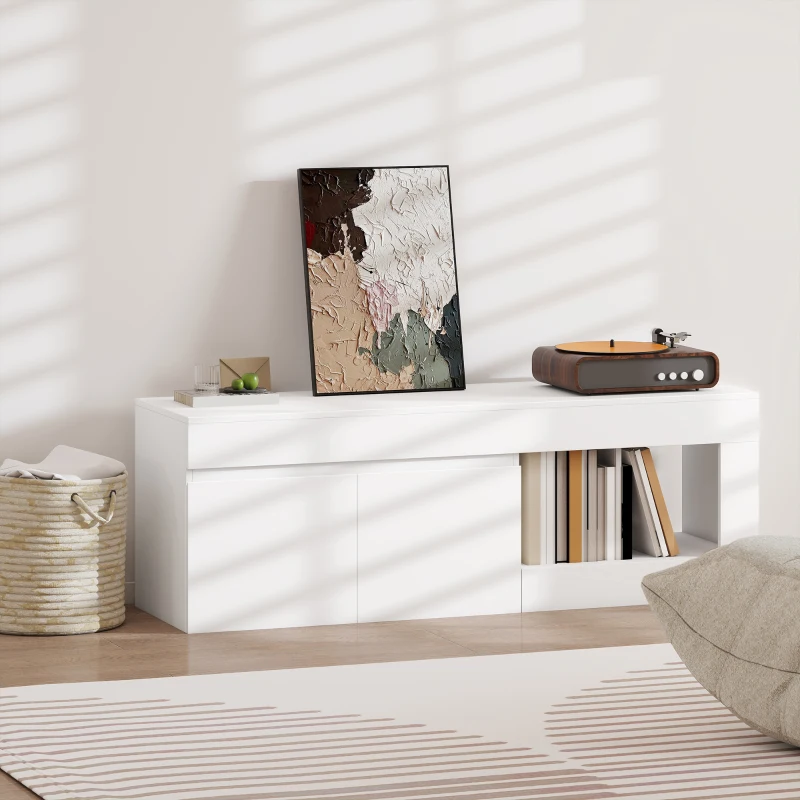 HOMCOM Mueble de TV Moderno para Salón con 2 Puertas Estante Abierto para Televisión 60 Pulgadas 140x40x48 cm Blanco
