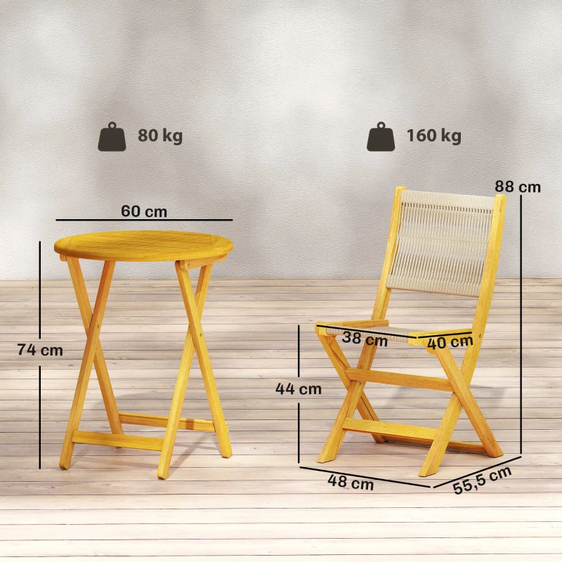 Outsunny Balkonmöbel Set 3 teilig Polyrattan Holz klappbar Gartenmöbel Set mit Tisch 2 Stühle, Atmungsaktiv
