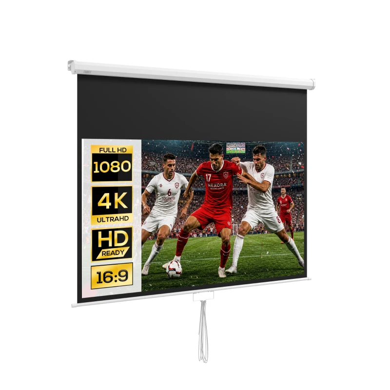HOMCOM Ecran de Proiecție 80" 16:9 cu Frânghie de Reglare, din Plastic și Metal, 187x8x150 cm, Alb