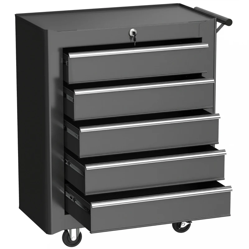 HOMCOM 5-Drawer Tool Chest with Wheels, Steel Lockable Tool Storage Cabinet with Handle, 2 Keys for Garage, Workshop, Black