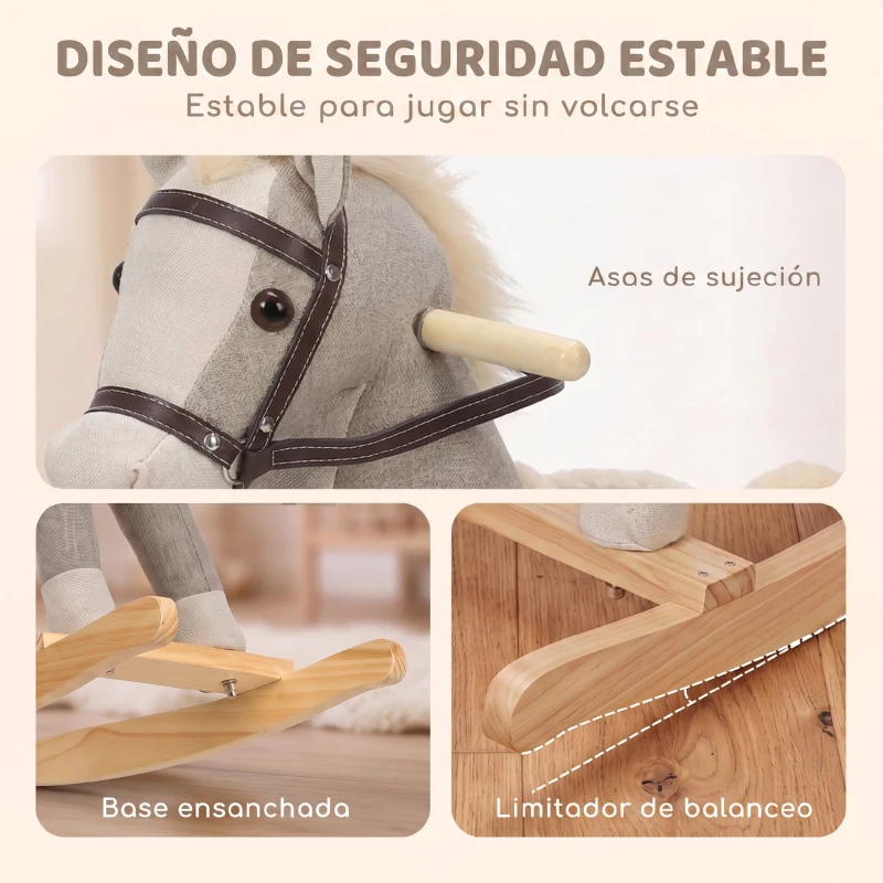 AIYAPLAY Caballo Balancín con Sonidos y Asas de Seguridad Base de Madera para Niños de 12 a 36 Meses Gris