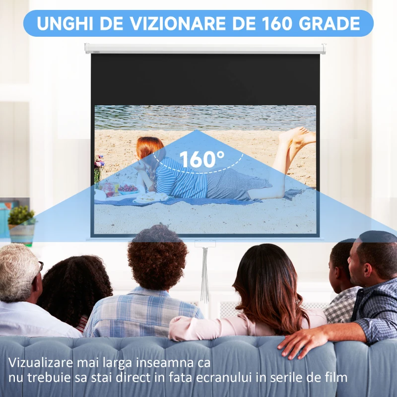 HOMCOM Ecran de Proiecție 80" 16:9 cu Frânghie de Reglare, din Plastic și Metal, 187x8x150 cm, Alb