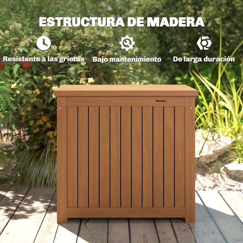 Outsunny Arcón Exterior de Madera 130L Baúl Almacenaje Exterior con Forro Tapa con Bisagras y Correa 63x51x58,5 cm Marrón