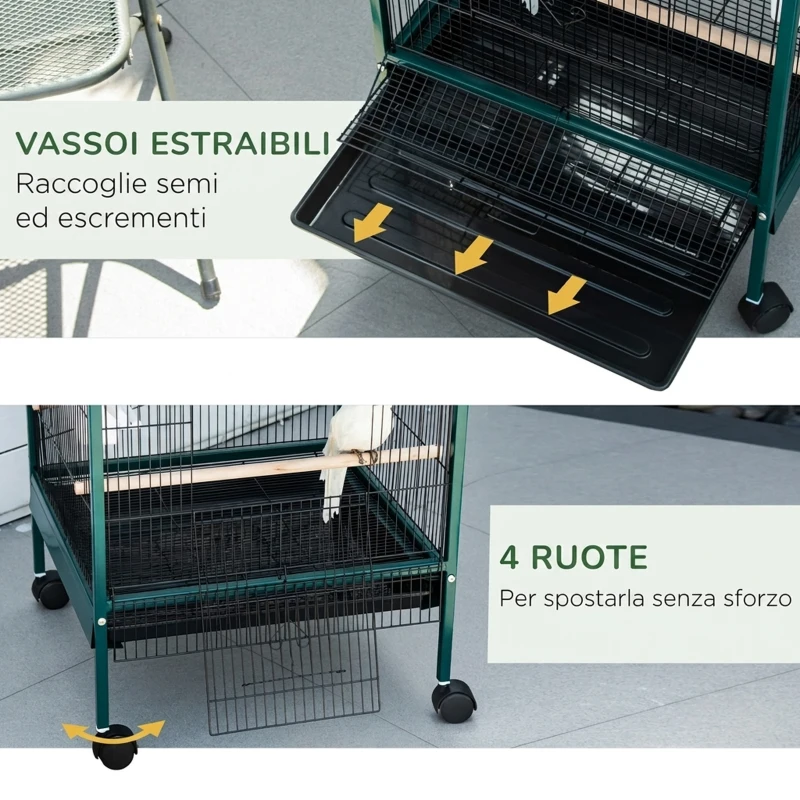 PawHut Gabbia Voliera per Uccelli per Interni con Ruote e Vassoi Estraibili, 51.5x50x140 cm, Verde Scuro