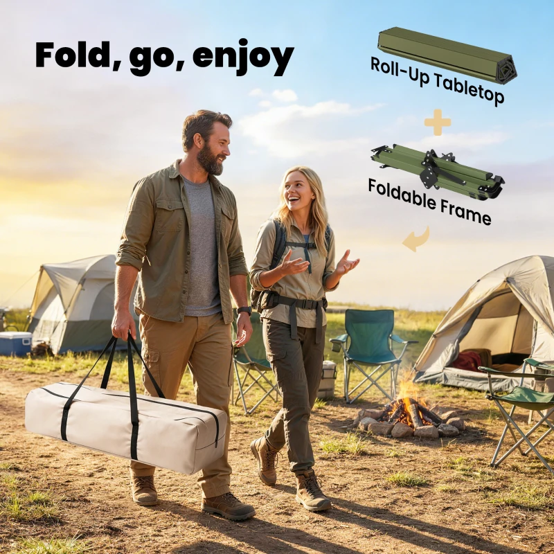 Outsunny 4ft Folding Camping Table, Waterproof Picnic Table with Roll Up Top, Carrying Bag and Metal Frame, Green