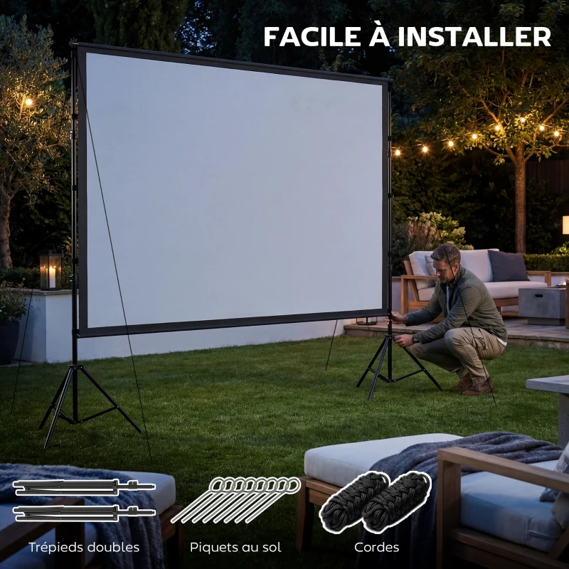 HOMCOM Écran de projection avec trépieds 120 pouces 16:9 HD 4K/8K, écran videoprojecteur portable, 309x62x217cm, blanc et noir