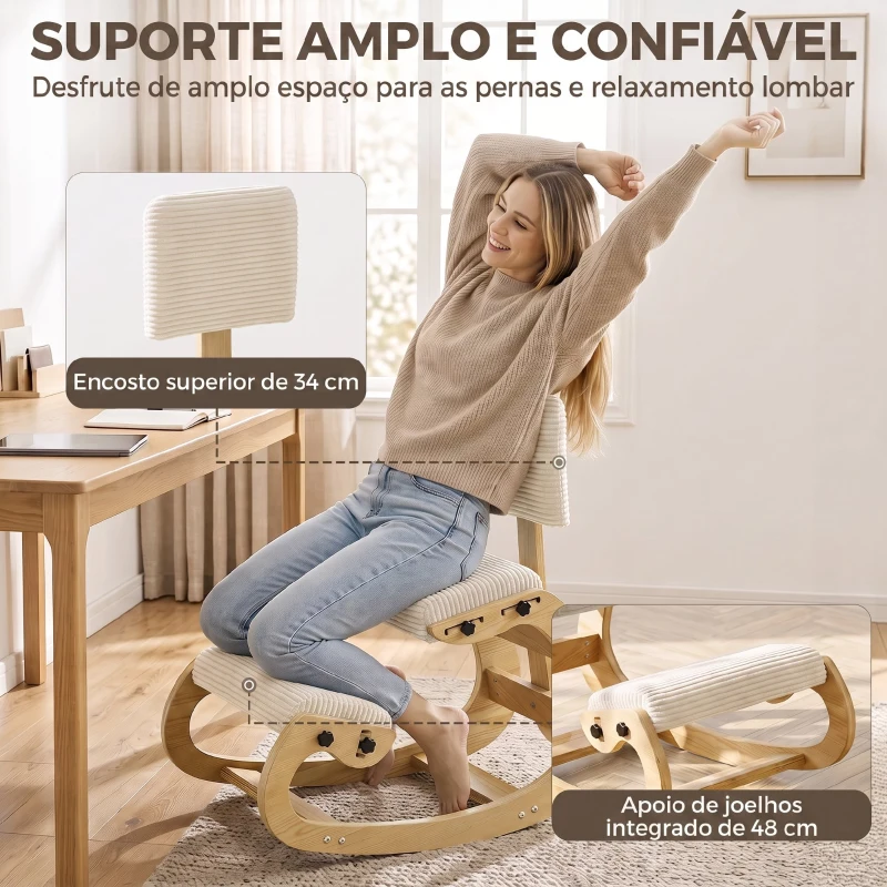 HOMCOM Cadeira de Joelhos Ergonómica com Encosto, Apoio para Joelhos e Bombazina Creme