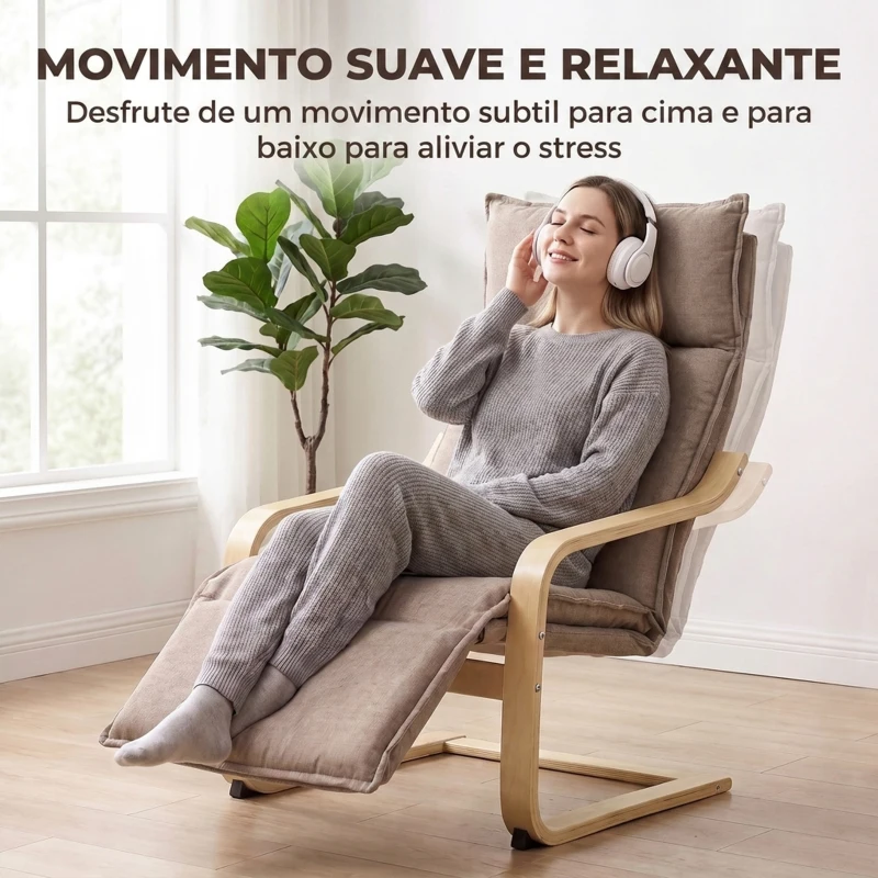 HOMCOM Cadeirão para Sala em Tecido Aspeto Linho com Apoio para os Pés, Baloiço Suave, Encosto Alto e Assento Largo, Castanho Claro