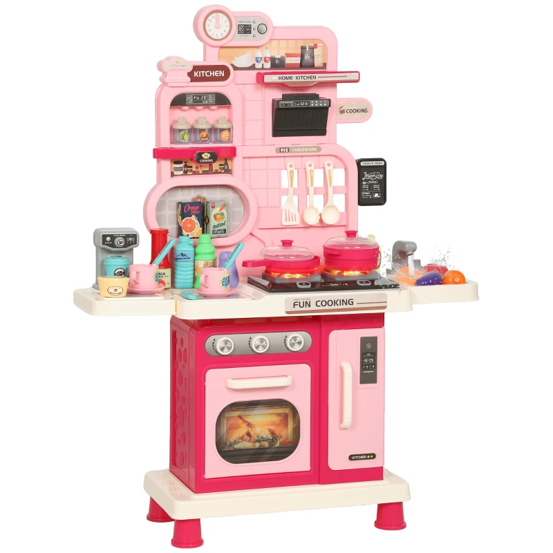 AIYAPLAY Cuisine pour Enfants Interactive, 33 Accessoires, avec Sons, Lumières, Rangement, 3-6 Ans, 67x25x87cm, Rose