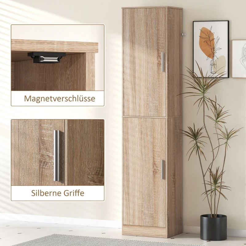 HOMCOM 180 cm hoher Badezimmerschrank, schmaler Badschrank mit 2 Türen, 4 verstellbare Regale, Spanplatte, MDF, Naturholz