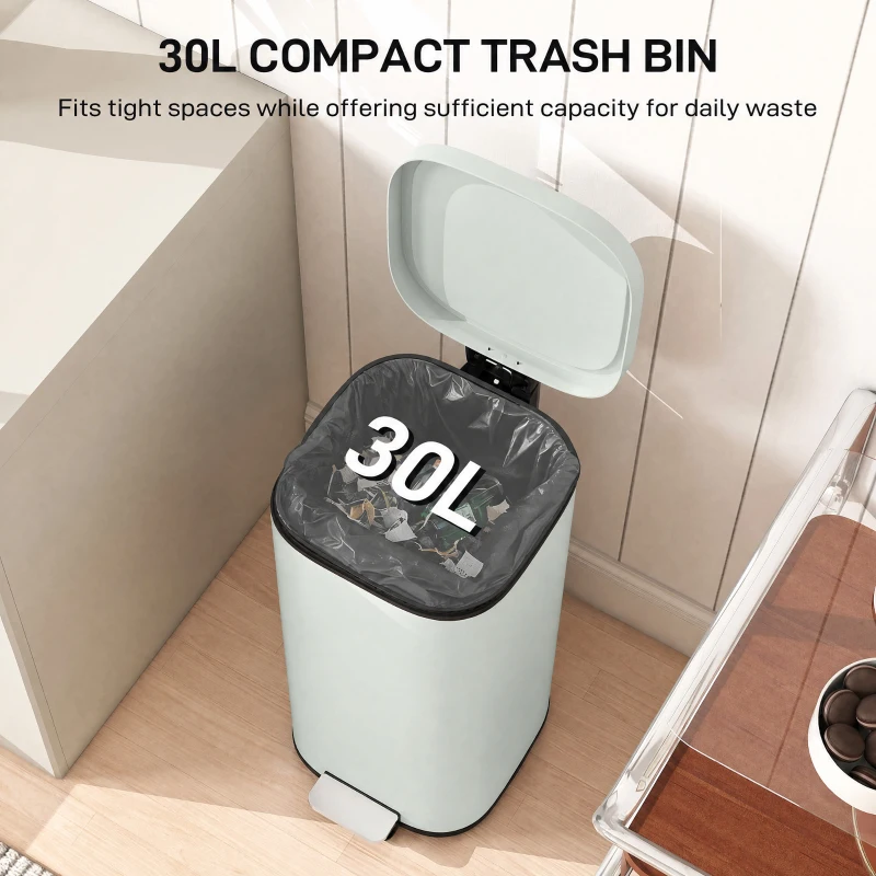 HOMCOM 30L Kitchen Bin, Compact Pedal Bin with Soft-Close and Stay-Open Lid, Removable Bucket for Kitchen, Home, Office, Green