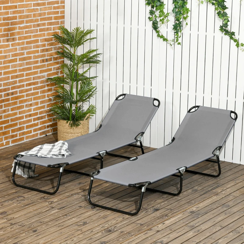 Outsunny Folding Sun Loungers Set of 2, Outdoor Day Bed with 5-Position Adjustable Backrest, Portable Recliner Garden Chairs with Breathable Mesh for Beach, Patio, Dark Grey