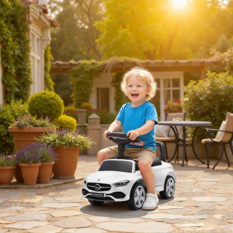 AIYAPLAY 2 in 1 Baby Ride on Push Car Mercedes-Benz C-Class Licensed Walker Foot to Floor Push-Along with Removable Handle, White