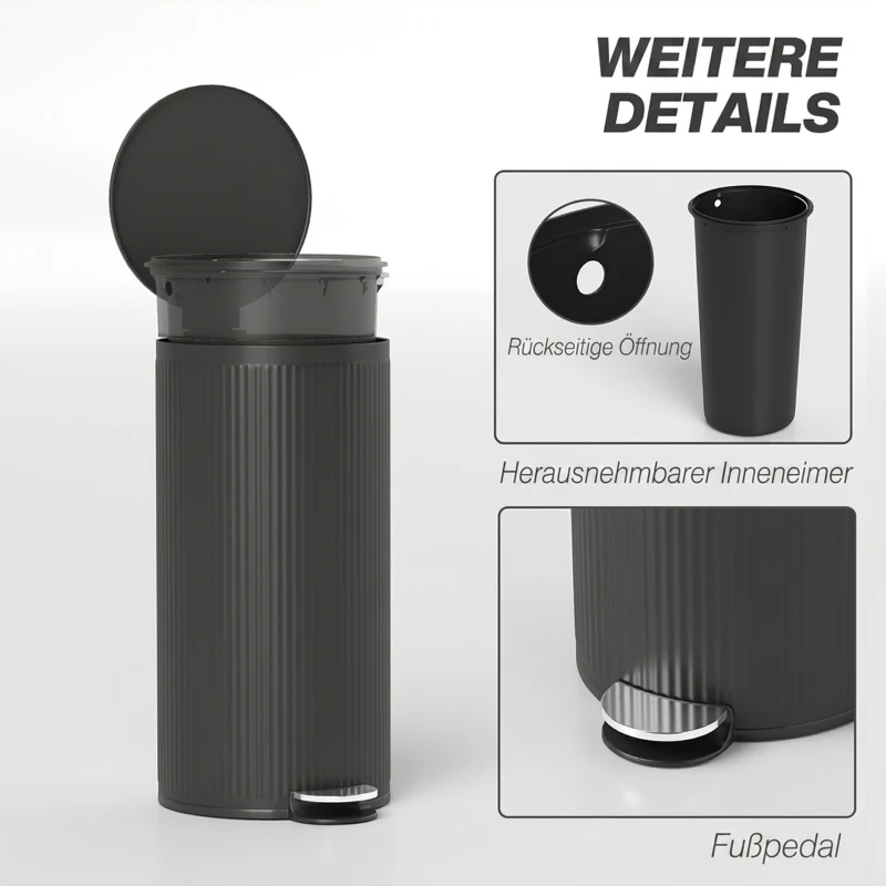 HOMCOM Mülleimer 30 L Treteimer mit Softclose-Deckel und Pedal, Inneneimer Metall, Schwarz, 36 x 30 x 60,5 cm