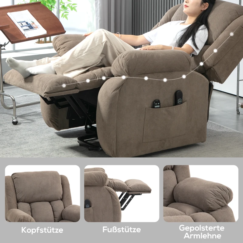HOMCOM Fernsehsessel mit Massage- und Wärmefunktion, Elektrischer Aufsteh-Sessel, Fernbedienung, Seitentaschen, Hellbraun
