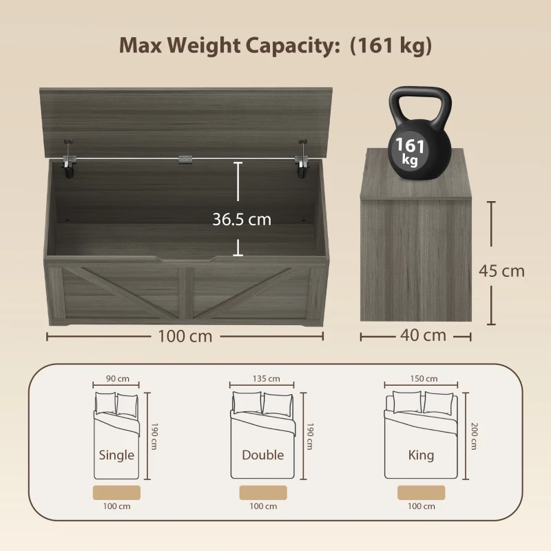 HOMCOM 127L Home Storage Box, with Safety Hinges - Dark Grey Wood-Effect