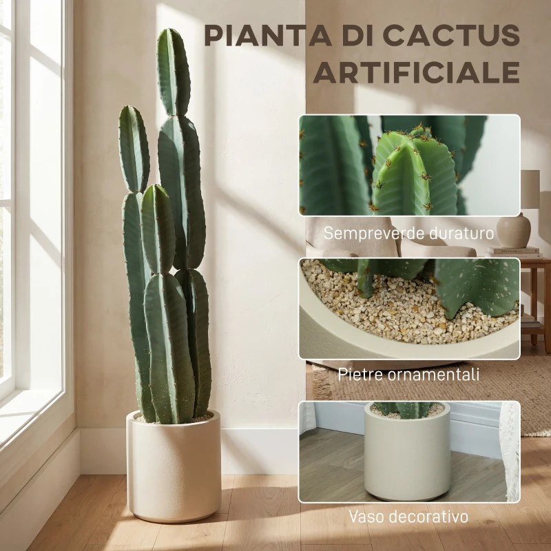 HOMCOM Pianta Artificiale di Cactus con 3 Steli in EVA, Vaso in PP, Decorazione per Soggiorno, 25x25x111 cm, Verde