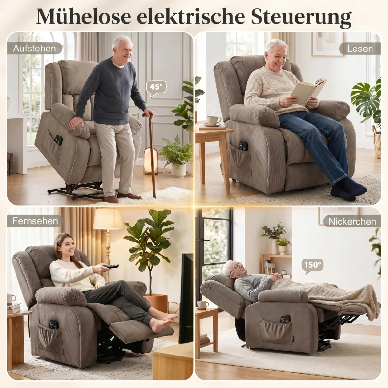 HOMCOM Fernsehsessel mit Massage- und Wärmefunktion, Elektrischer Aufsteh-Sessel, Fernbedienung, Seitentaschen, Hellbraun