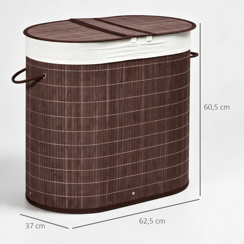 HOMCOM Cesto para Ropa Sucia de Bambú Capacidad de 100L Cesta para la Colada con 2 Compartimentos  62,5x37x60,5cm Marrón