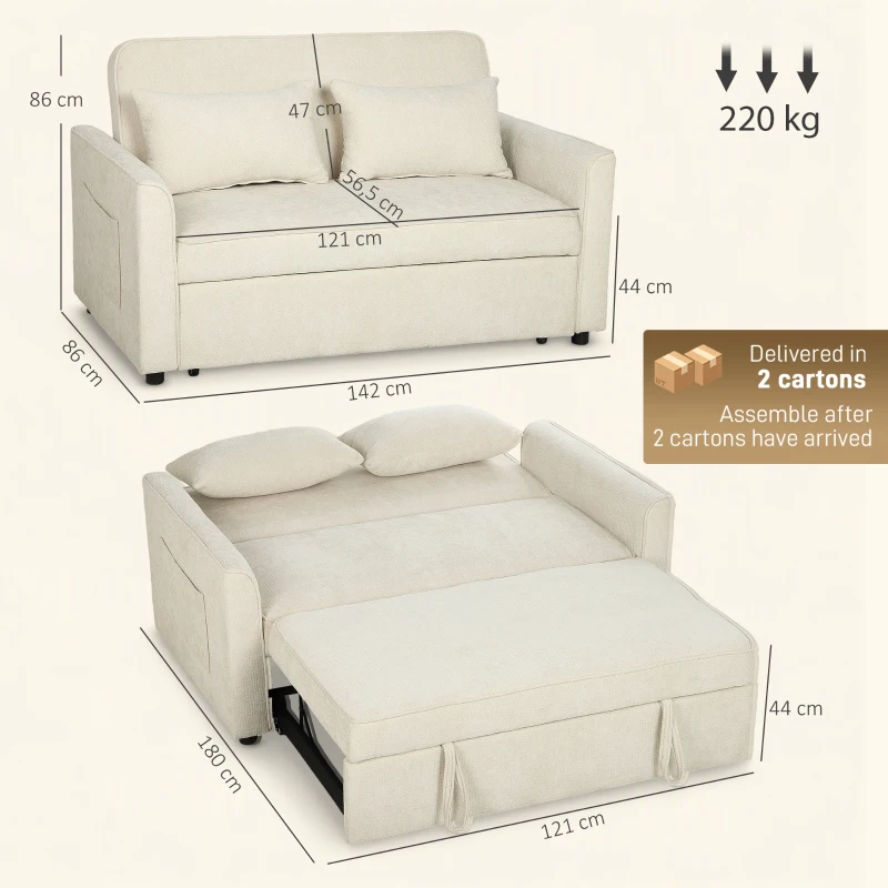 HOMCOM 2-Sitzer Schlafsofa 3-in-1, Clic-Clac Chenille Sofa 142 cm, verstellbare Rückenlehne, 2 Kissen, Beige