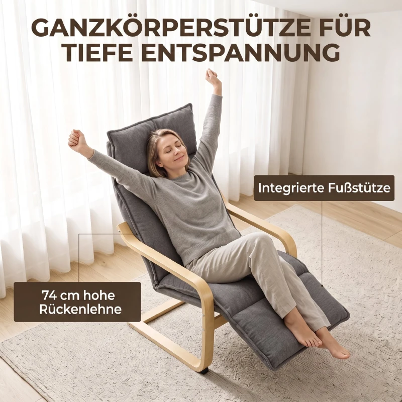 HOMCOM Loungestoel met voetensteun, linnenlook, moderne schommelfauteuil met schommelfunctie, donkergrijs