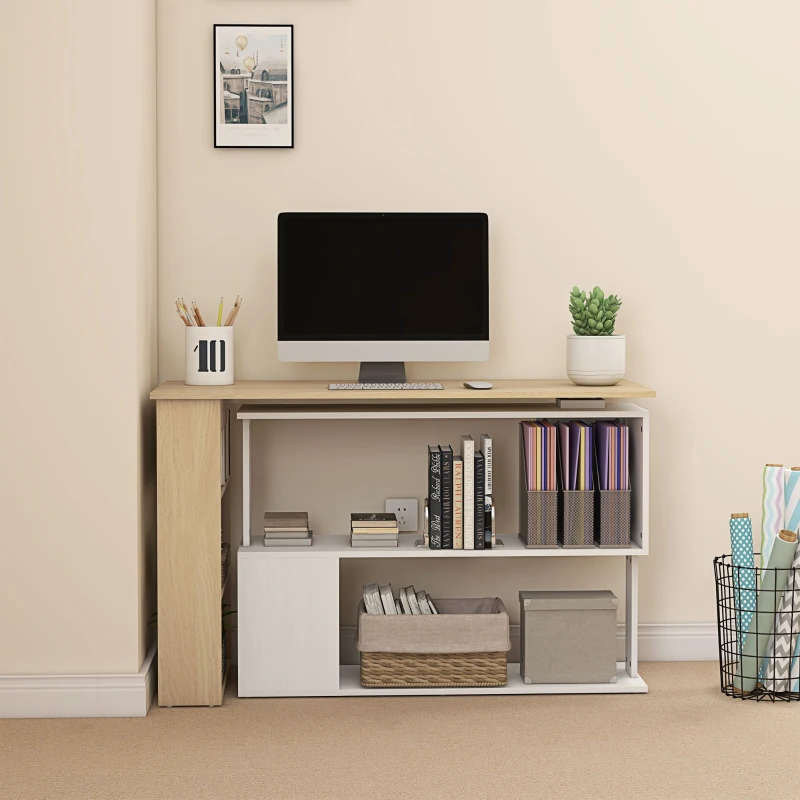 HOMCOM Corner Computer Desk, L Shaped Desk with 360° Rotating Bookshelf, 120L x 110W x 74.5H cm, Natural and White
