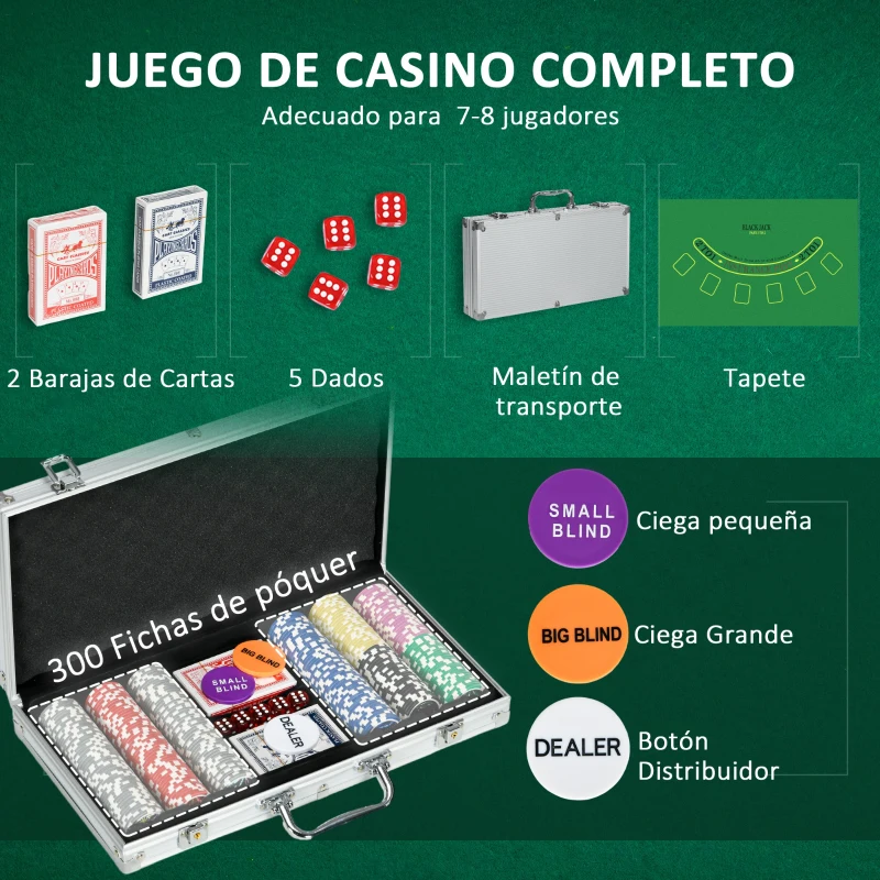 SPORTNOW Set de Póker con 300 Fichas 2 Barajas de Cartas Dados Tapete y Botón de Crupier Set de Casino Texas Hold'em con Maletín