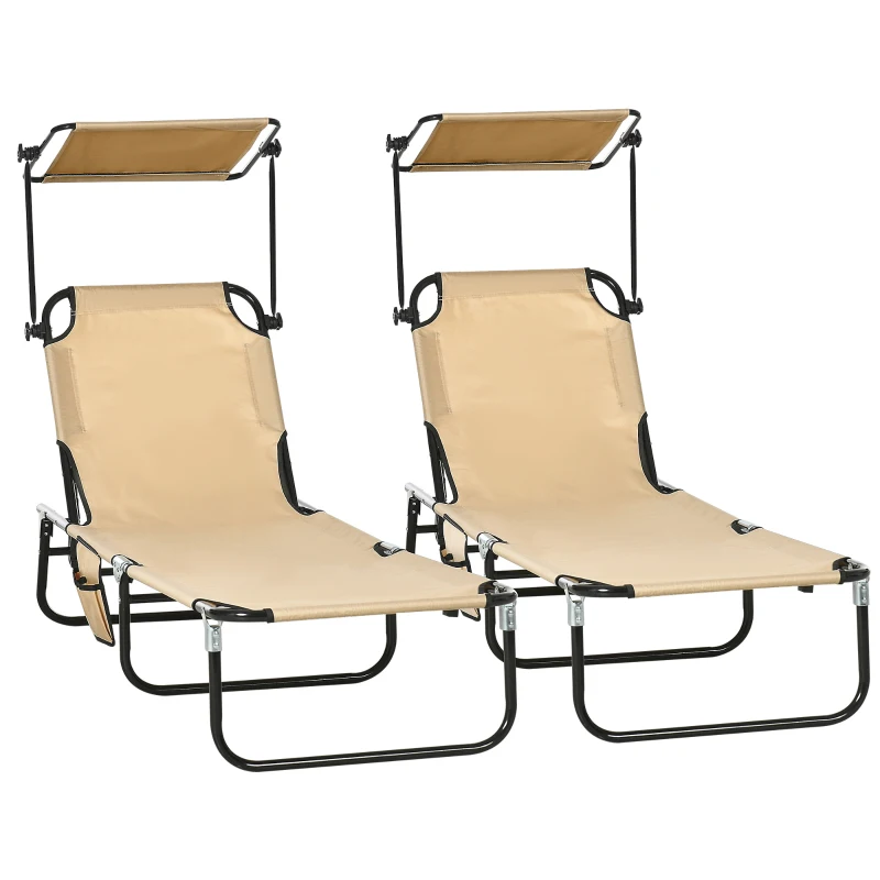 Outsunny 2 Piece Folding Sun Loungers with Canopy, Adjustable Recliner Garden Chairs with Side Pocket, Steel Frame and Breathable Mesh for Outdoor, Pool, Beach, Garden, Tan Brown