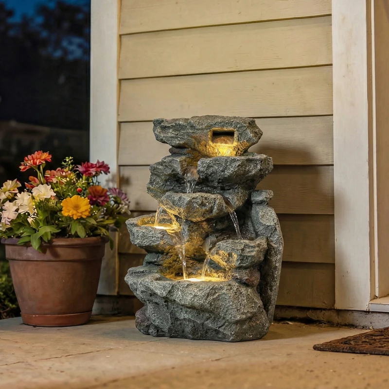 Outsunny Outdoor Fountain with 6-Tier Rock Design, Waterfall Feature with LED Lights, Resin Freestanding Garden Fountain, Grey