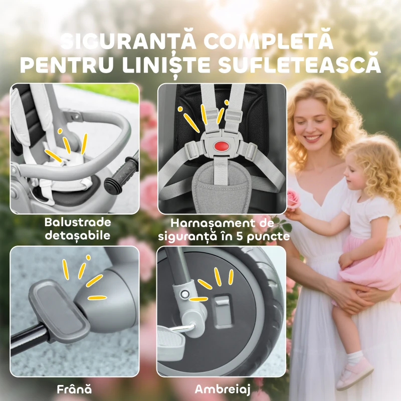 AIYAPLAY Tricicletă Copii 6 în 1, Cărucior și Bicicletă, 1-5 Ani, Max. 25 kg, Pliabilă cu Scaun Rotativ, Copertină, Gri