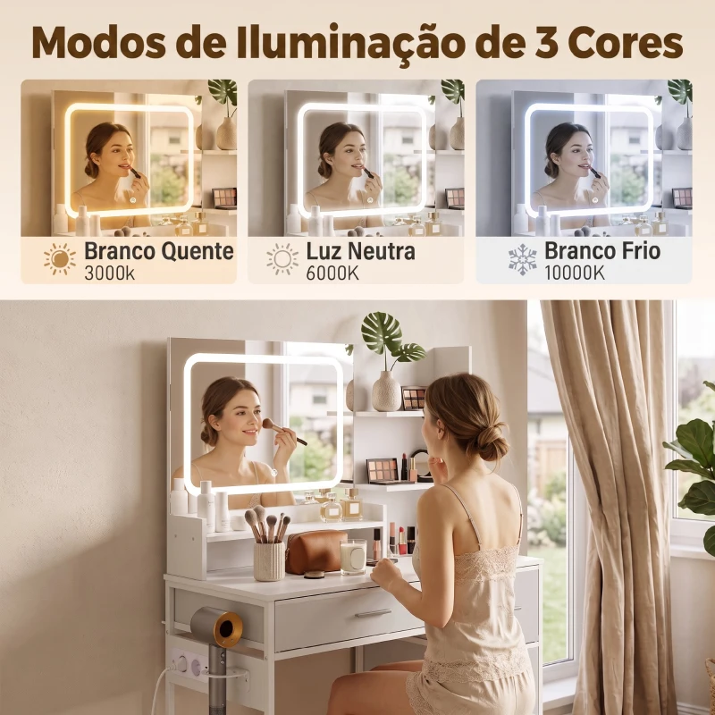 HOMCOM Penteadeira de Maquilhagem com Espelho LED 3 Toneladas de Luz Estação de Carregamento 4 Gavetas 5 Prateleiras Suporte para Secador Branco