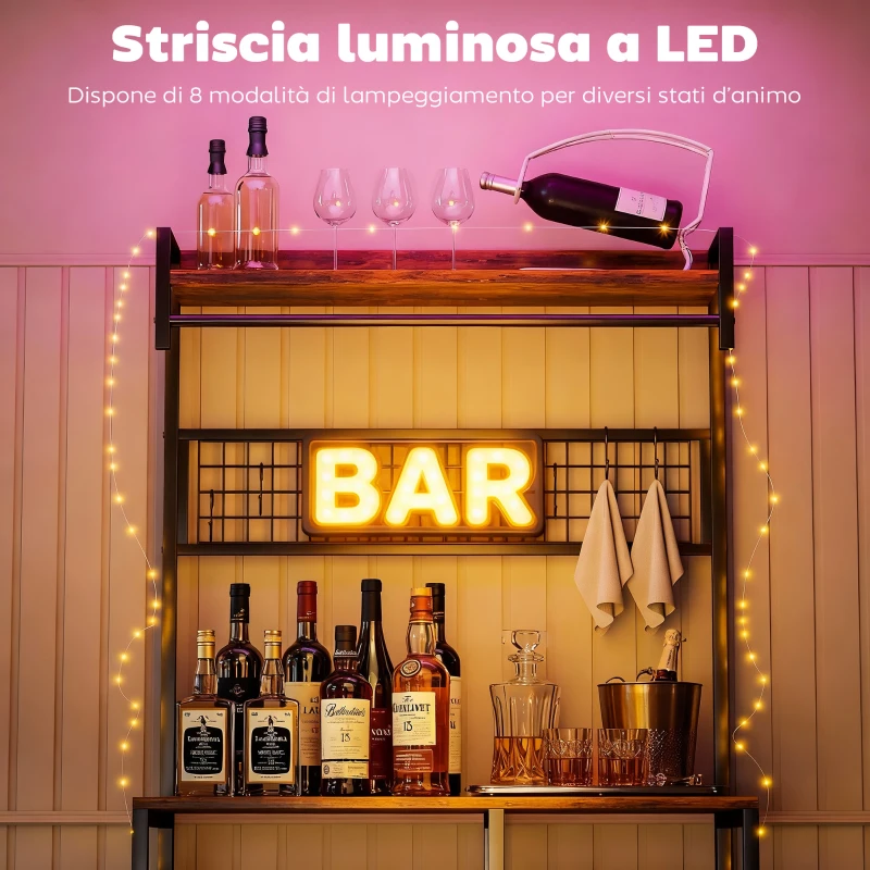 HOMCOM Scaffale Cucina con Prese e LED, Angolo Caffè, Asta Appendiabiti, Pannello in Metallo, 5 Ripiani, Cestello, 10 Ganci, Marrone Rustico